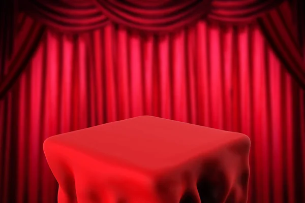 Négyszögletes asztal és a háttér piros függöny — Stock Fotó