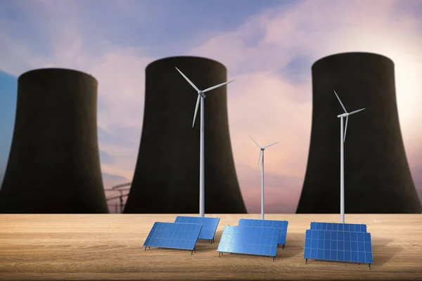 Energikoncept med solceller, vindkraftverk och nukleära reagera — Stockfoto