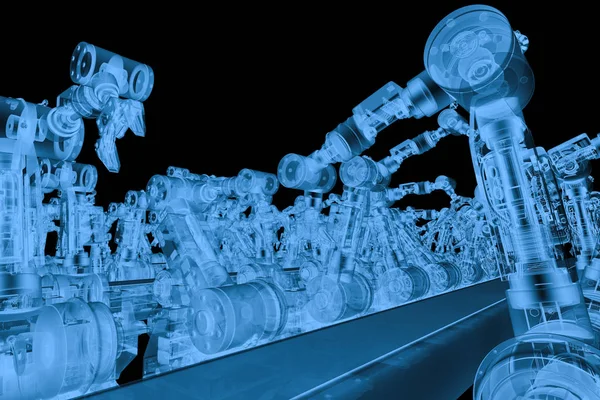 컨베이어 라인 x 레이 로봇 팔 — 스톡 사진
