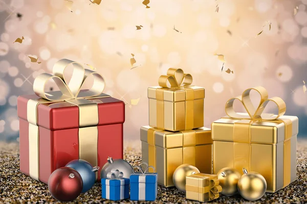 Mucchio di scatole regalo e palle di Natale — Foto Stock