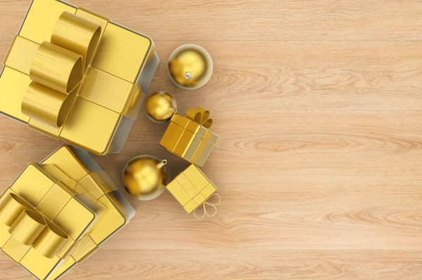Hediye kutuları Noel topları ile görünümü top — Stok fotoğraf