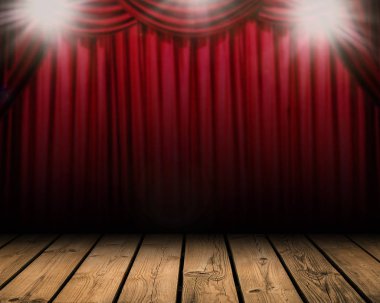 blank stage with shining flash light and red curtain background clipart