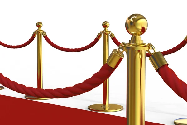 Золотий стовп з мотузковим бар'єром на червоному килимі — стокове фото