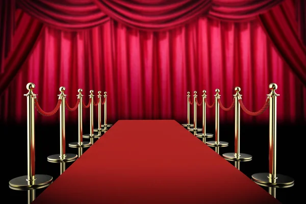 Red carpet and rope barrier with red curtain background — Stock Photo, Image