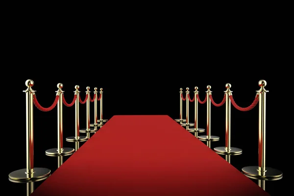 Red carpet with rope barrier on black background — Stock Photo, Image