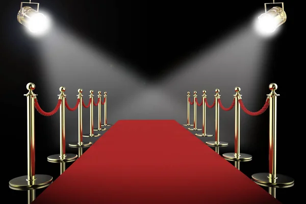 Kırmızı halı ve sahne ışıkları parlayan ile ip bariyer — Stok fotoğraf