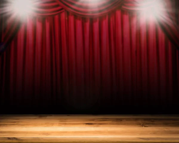 Blank stage with shining flash light and red curtain background — Stock Photo, Image