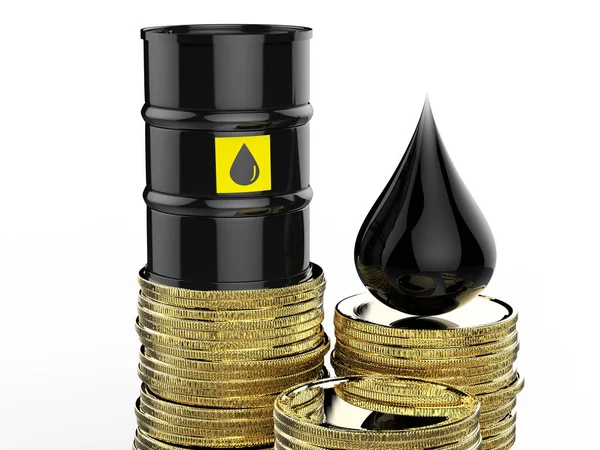 Barili di petrolio greggio con monete d'oro — Foto Stock