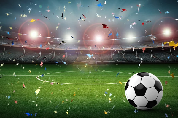 Soccer ball with soccer stadium and confetti background — Stock Photo, Image