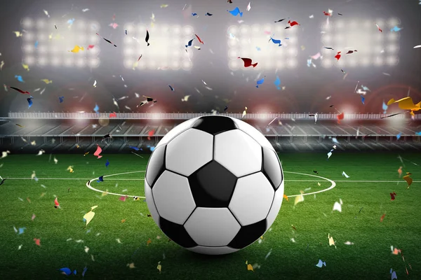 Soccer ball with soccer stadium and confetti background — Stock Photo, Image