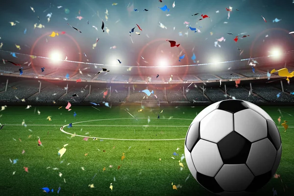 Soccer ball with soccer stadium and confetti background — Stock Photo, Image