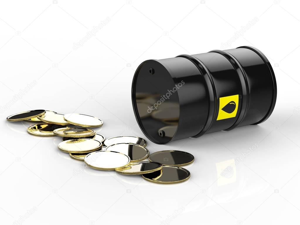 crude oil barrels with gold coins