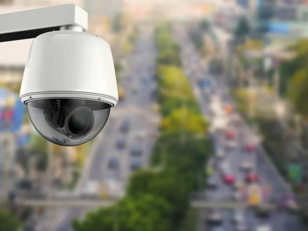 Security camera of cctv camera met stadsgezicht achtergrond — Stockfoto