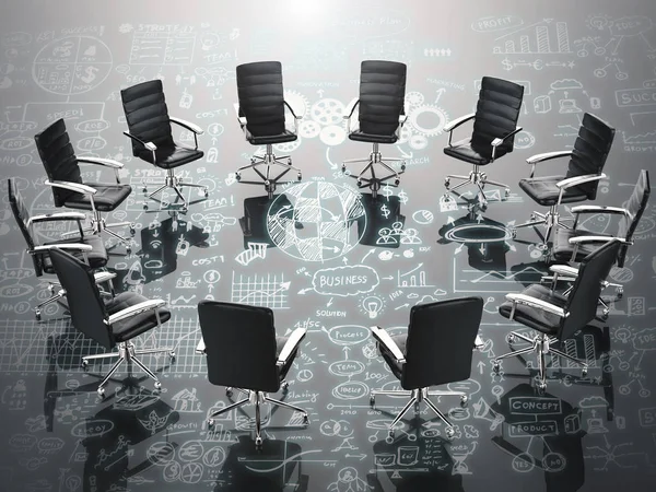 Concepto de conferencia de negocios con sillas de oficina y plan de negocios — Foto de Stock