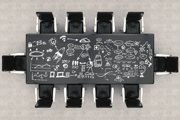 Arriba ver mesa de conferencias y sillas de oficina con plan de negocios —  Fotos de Stock