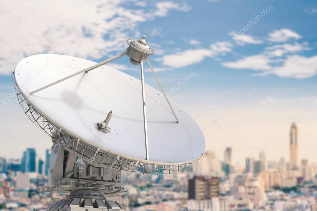 satellite dish with cityscape background