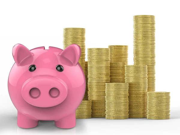 Piggy bank met stapel van gouden munten — Stockfoto