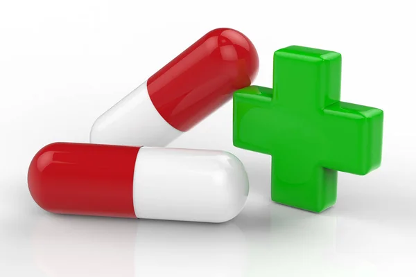 Zelený kříž a tobolka pill — Stock fotografie