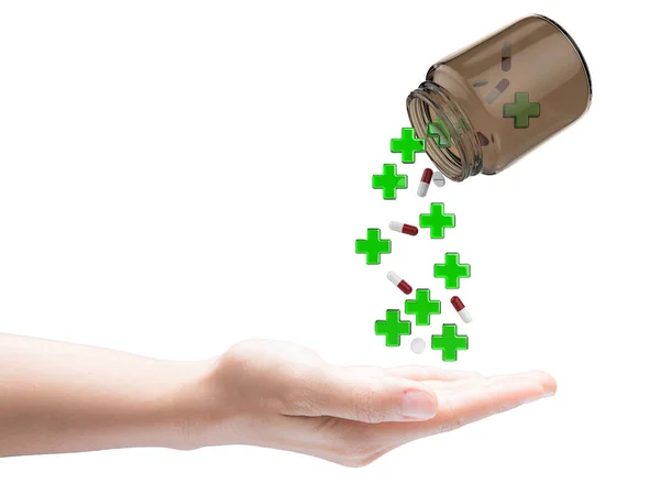 Cruz verde e pílulas caindo — Fotografia de Stock