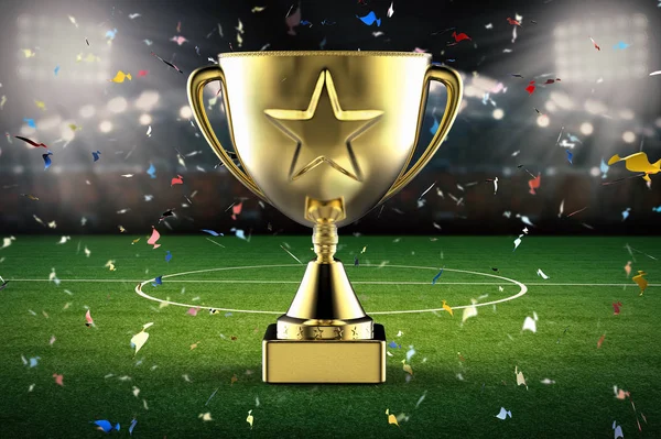 Guld stjärna trophy med fotbollsarena — Stockfoto
