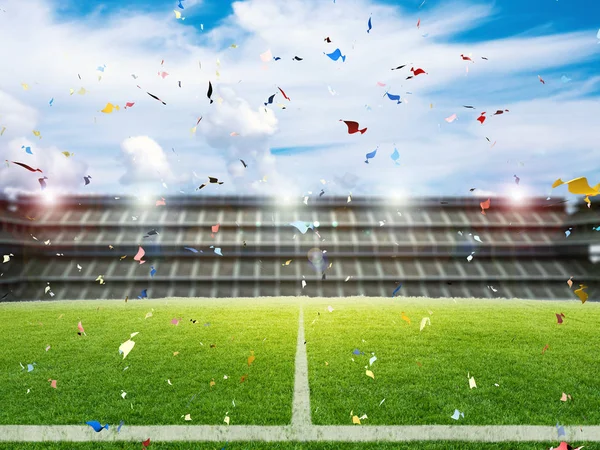 3d rendering confetti celebration in soccer field background — Stock Photo, Image