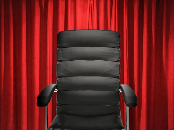 Deri ofis koltuğu kırmızı perde arka plan — Stok fotoğraf