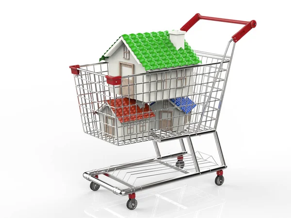 Conceito de comprador em casa com mock up casa no carrinho de compras — Fotografia de Stock