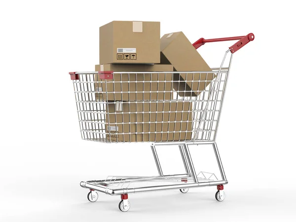 Shopping cart with carton boxes — Stock Photo, Image