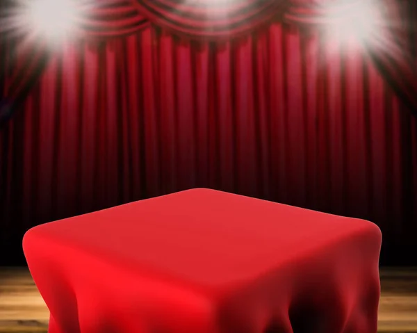 Mesa cuadrada y fondo de cortina roja — Foto de Stock