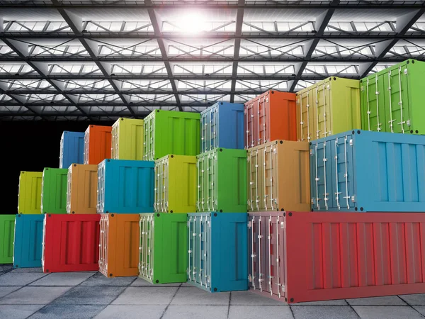 Kleurrijke containers in magazijn — Stockfoto