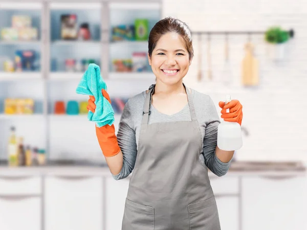 Asiático dona de casa segurando spray garrafa e pano — Fotografia de Stock