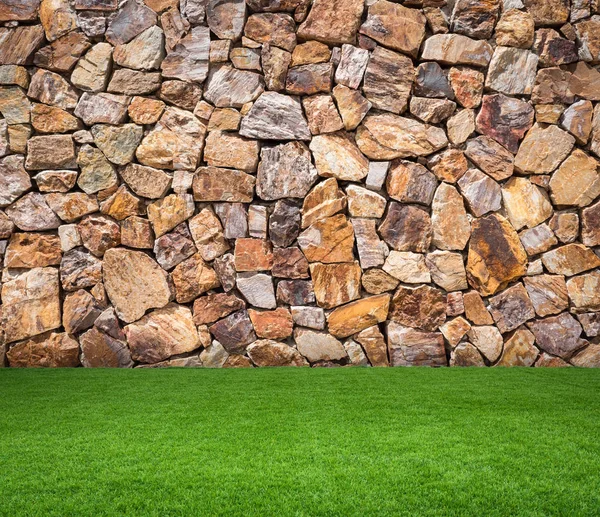 Hierba verde con fondo de piedra marrón — Foto de Stock