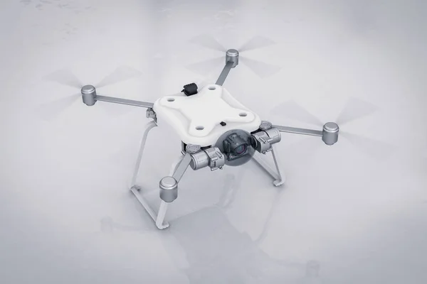 Vita drone med snurrande propellrar — Stockfoto