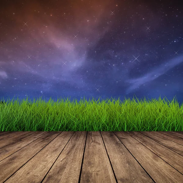 Piso de madera con hierba verde por la noche — Foto de Stock