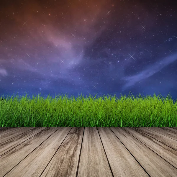 Piso de madera con hierba verde por la noche — Foto de Stock