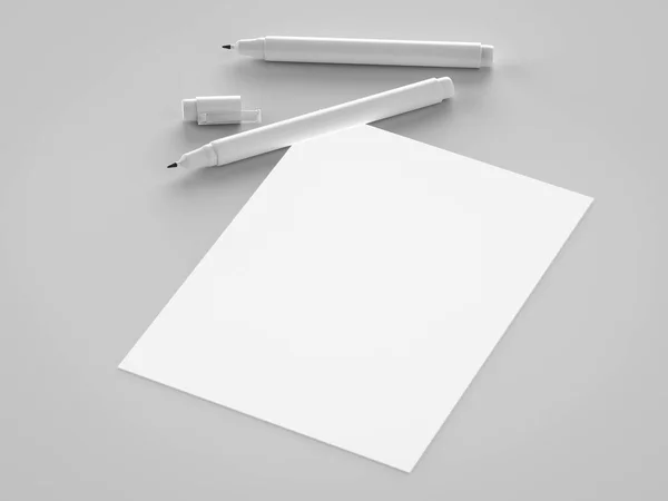 Papel branco branco com canetas brancas — Fotografia de Stock