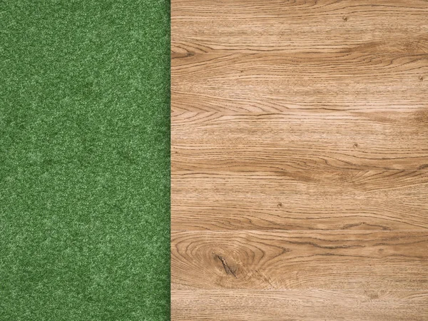 Πράσινο γρασίδι με ξύλινο πάτωμα, το top view — Φωτογραφία Αρχείου