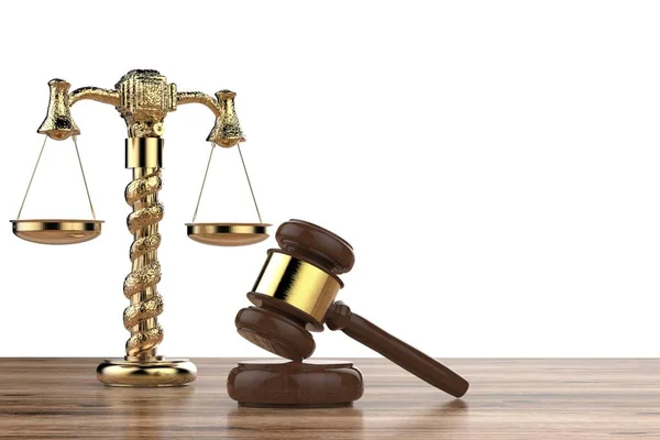 Golden law scale and gavel judge — Stock Photo, Image