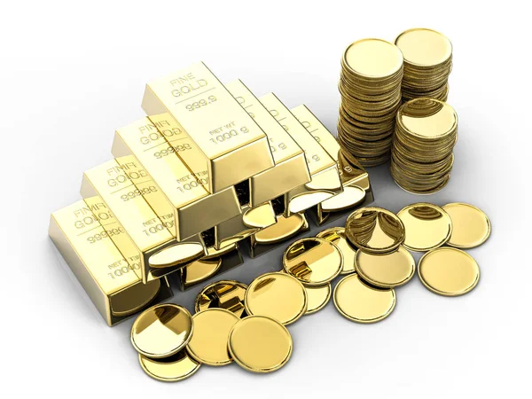 Stack of gold coins and bullions — Stock Photo, Image
