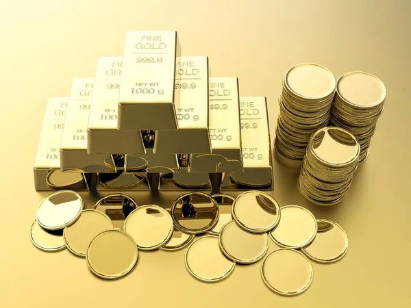 Stack of gold coins and bullions — Stock Photo, Image