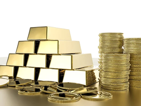 Stapel von Goldmünzen und Goldbarren — Stockfoto