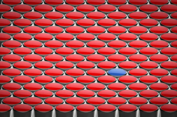 Creativity concept with blue bucket in all red buckets — Stock Photo, Image