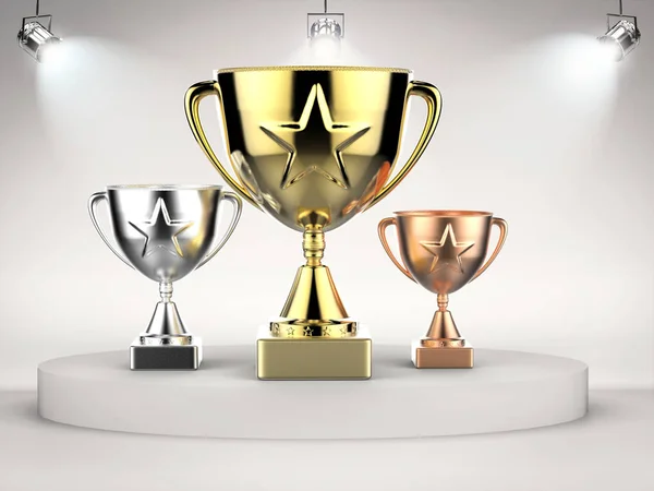 Gold, silver and bronze trophy on stage — Stock Photo, Image