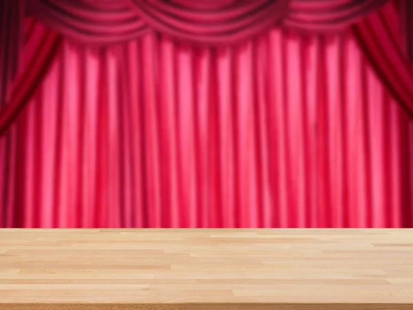 Piso de madera con fondo de cortina roja — Foto de Stock