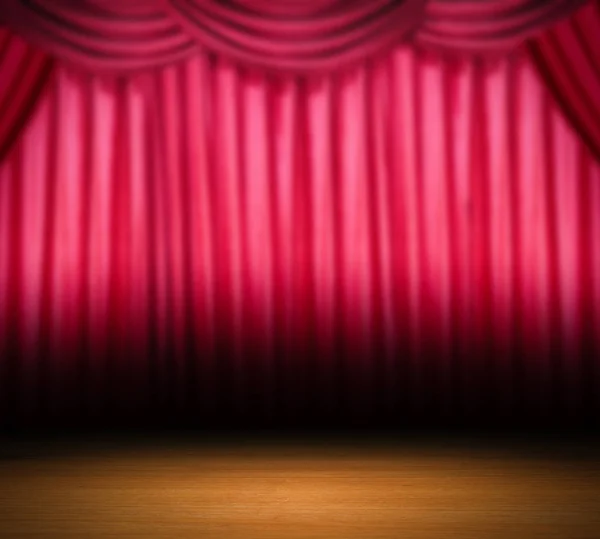 Piso de madera con fondo de cortina roja — Foto de Stock