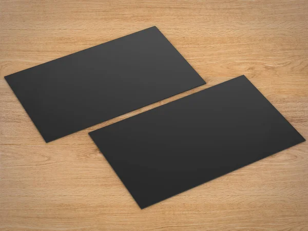 Черные именные карты спереди и черные на деревянном фоне — стоковое фото