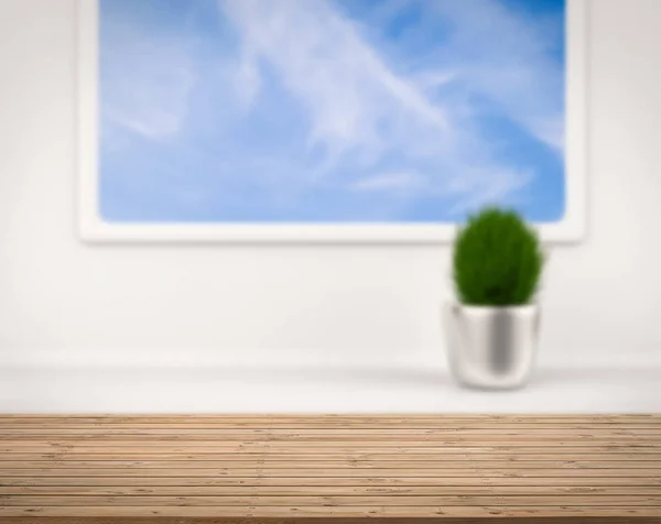 Mostrador de madera con vista al cielo azul desde la ventana — Foto de Stock
