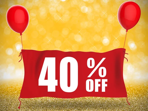 40% rabatt banner på rött tyg med röda ballonger — Stockfoto