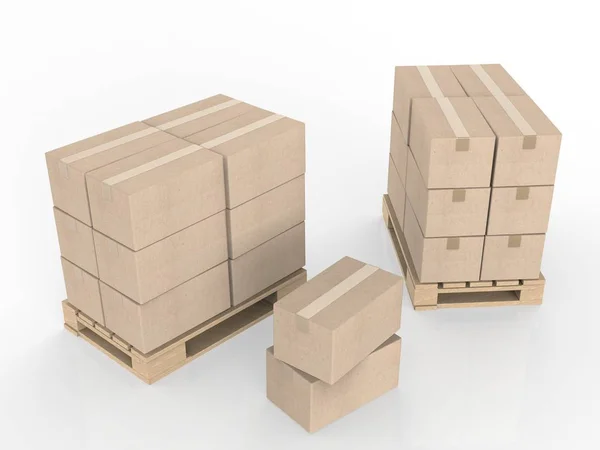 Stack lepenkových krabic na dřevěné paletě — Stock fotografie
