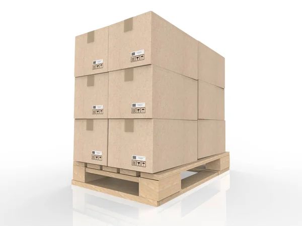 Stack lepenkových krabic na dřevěné paletě — Stock fotografie